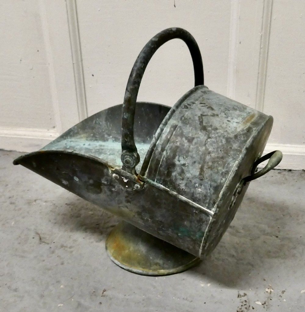 Large Arts And Crafts Shabby (Verdigris) Copper Helmet Coal Scuttle photo for sale