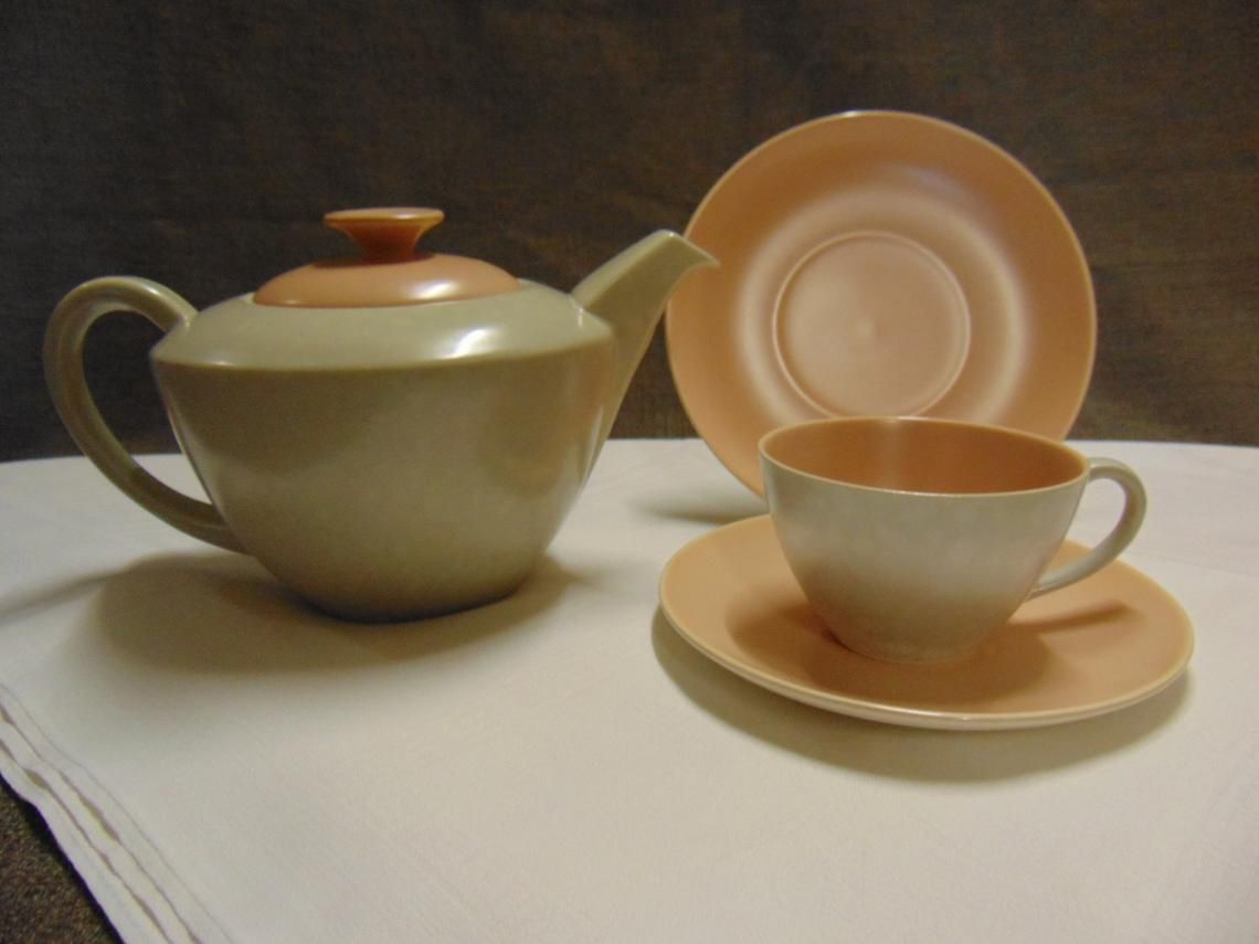 Vintage 1950s Poole Pottery Teapot, Teacup, Saucer And Teaplate Soft Pink And Soft Grey Twintone