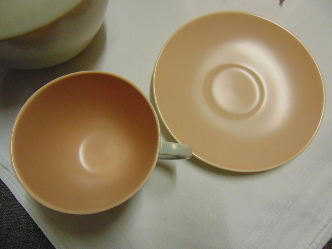 Vintage 1950s Poole Pottery Teapot, Teacup, Saucer And Teaplate Soft Pink And Soft Grey Twintone photo vintage