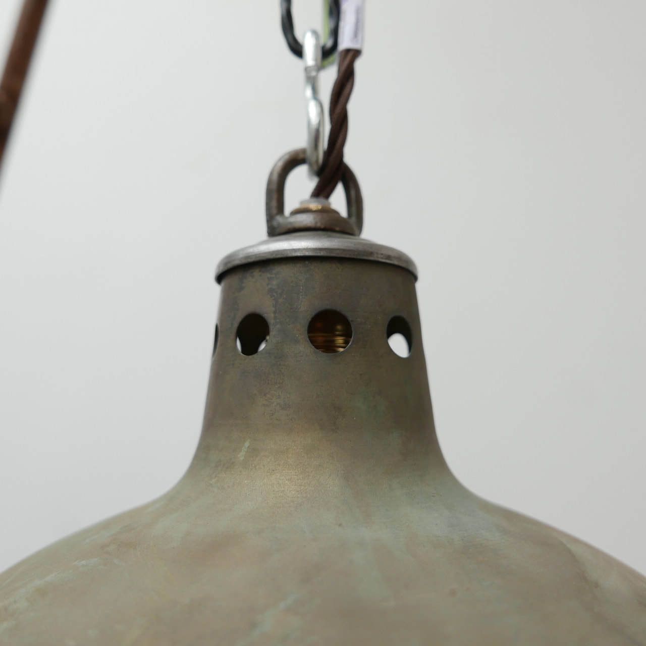 Patinated Metal And Glass Holophane Pendant Lights (3) photo for sale