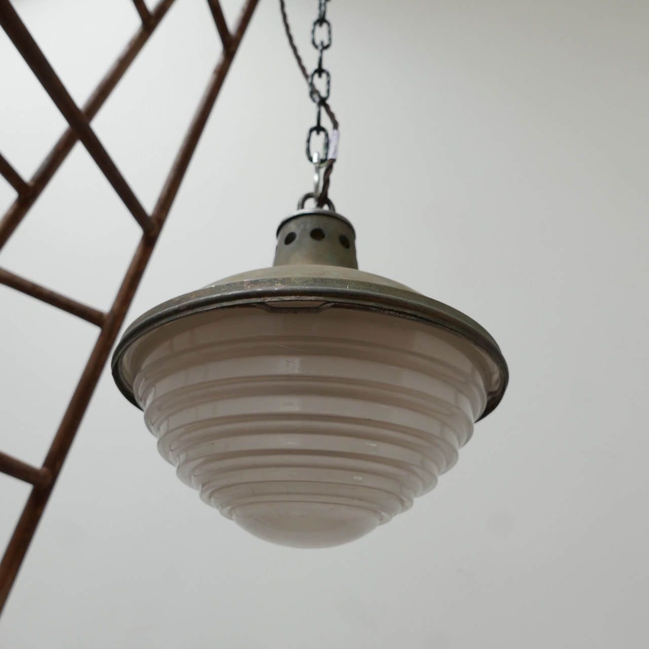 Patinated Metal And Glass Holophane Pendant Lights (3) photo 375.0