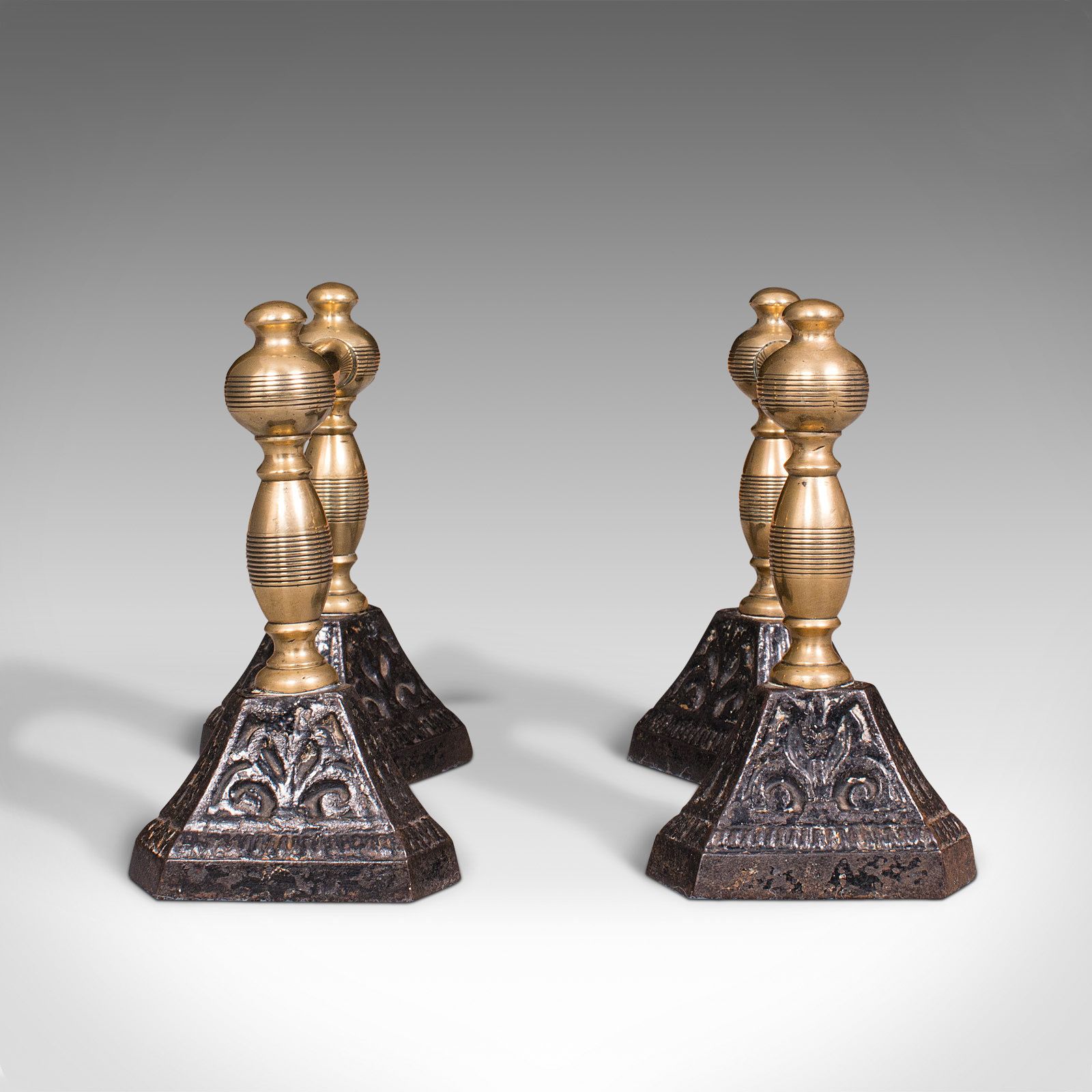Pair Of Antique Fireside Tool Rests, English, Brass, Iron, Fire Dog, C.1880 photo furniture