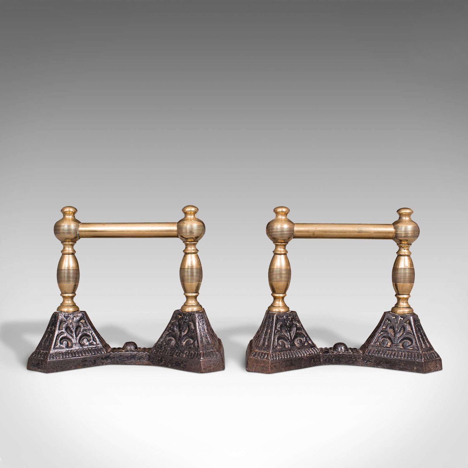 Pair Of Antique Fireside Tool Rests, English, Brass, Iron, Fire Dog, C.1880 photo 650.0