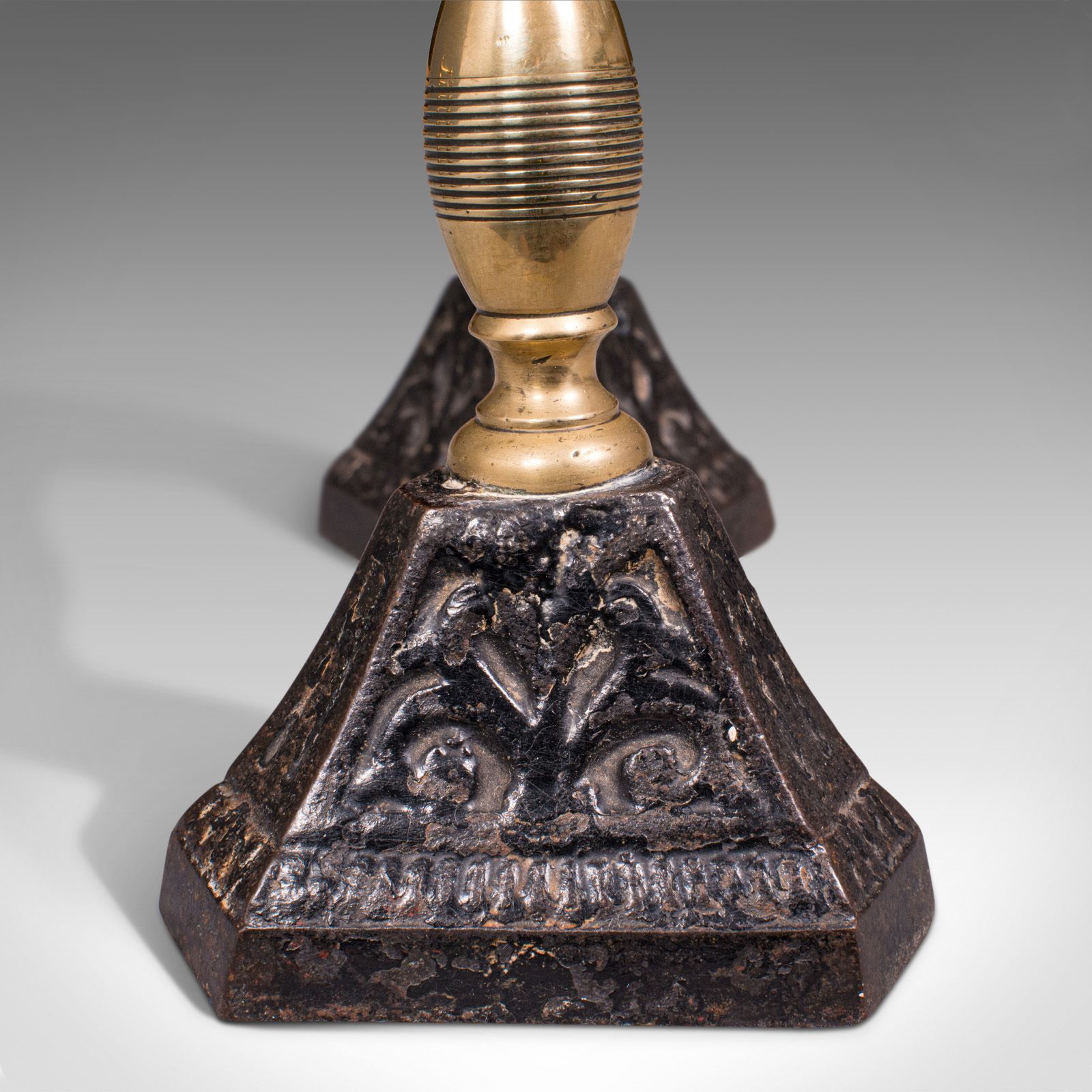 photo furniture Pair Of Antique Fireside Tool Rests, English, Brass, Iron, Fire Dog, C.1880