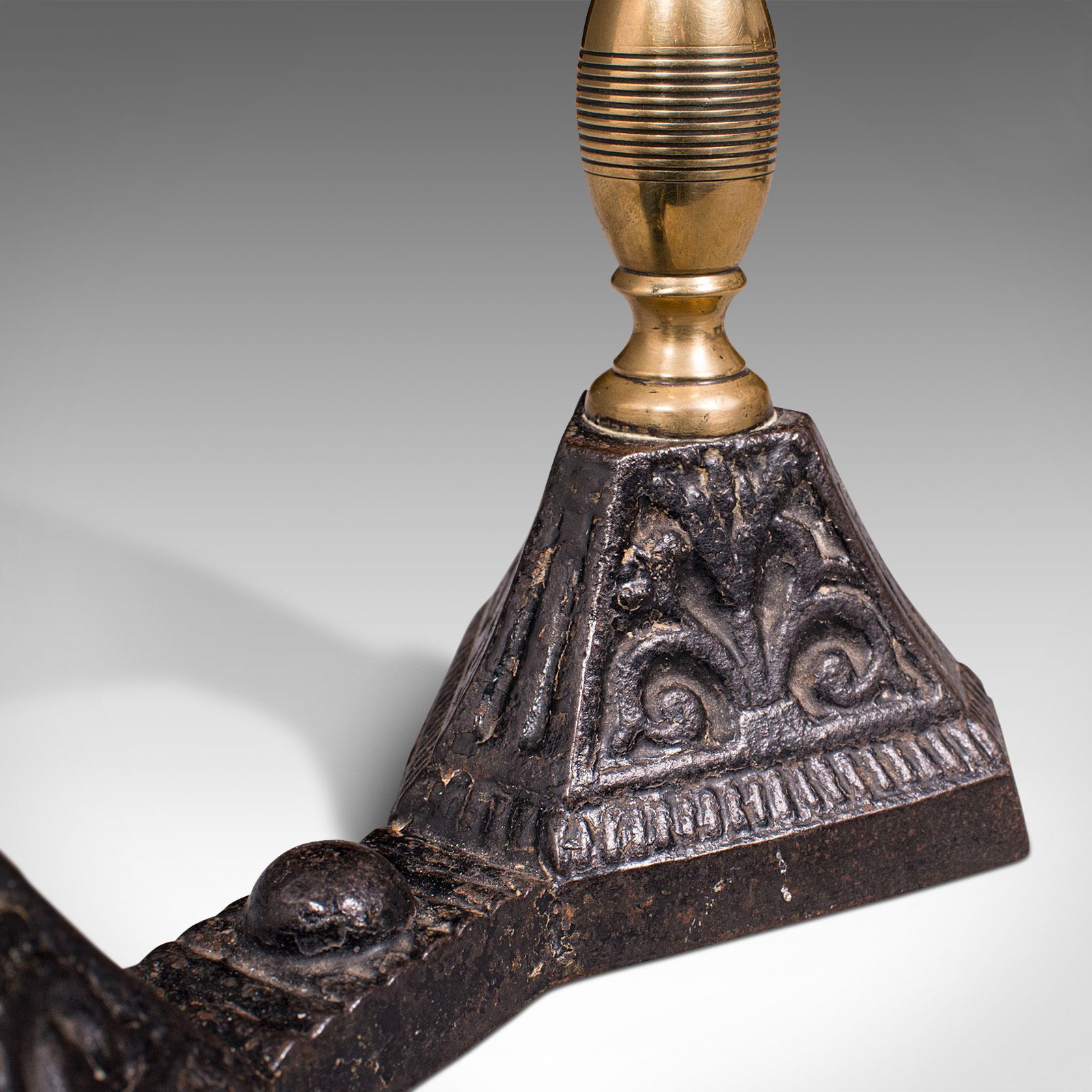 photo for sale Pair Of Antique Fireside Tool Rests, English, Brass, Iron, Fire Dog, C.1880