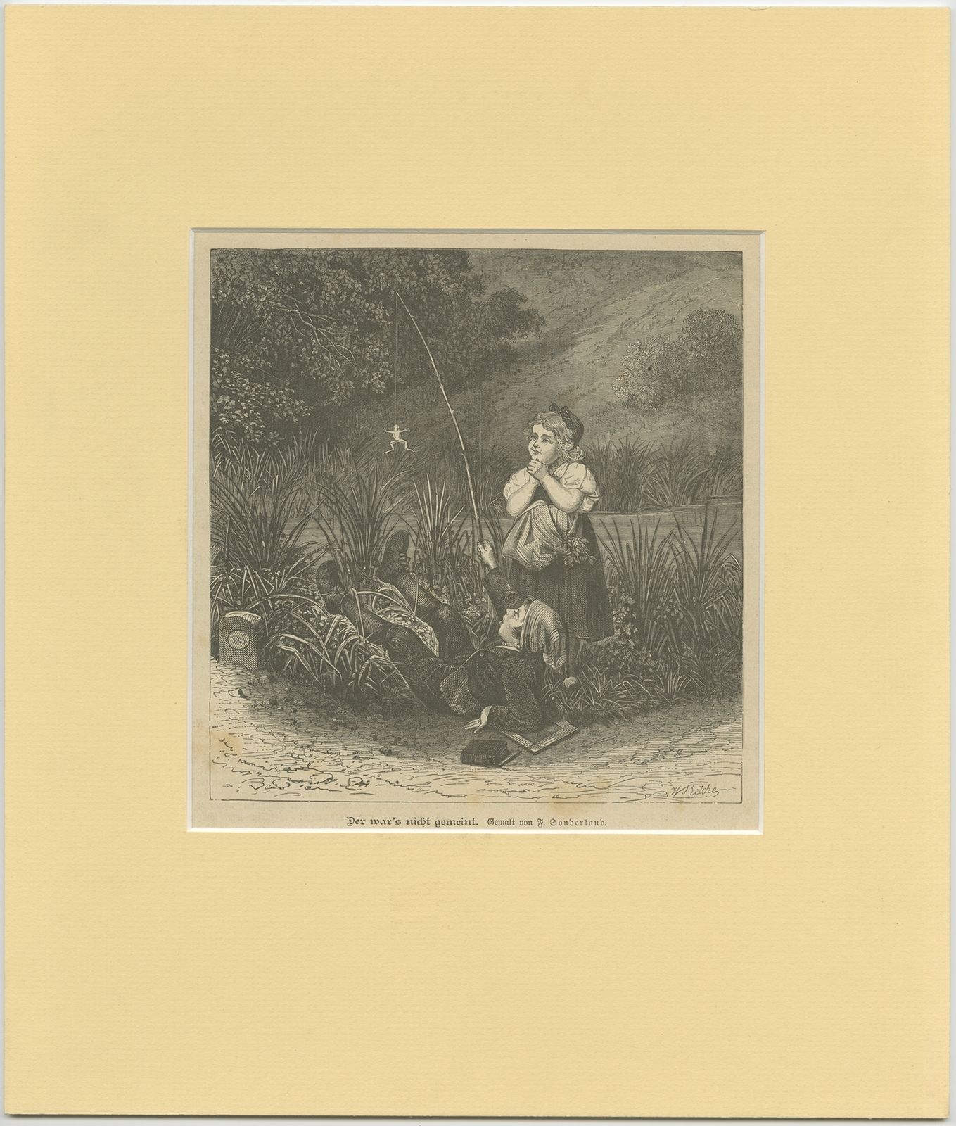 Antique Print Of Children Accidentally Catching A Frog (C.1900)