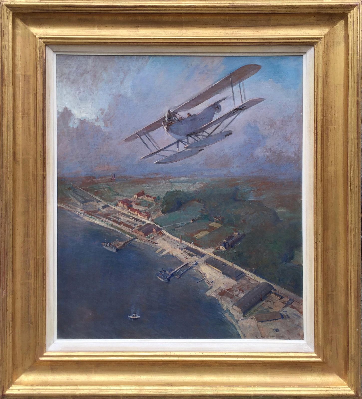 Seaplane Of The Imperial German Air Force Over The Baltic Coast, 1918' Original Oil By Carl Malchin (1838 To 1923)