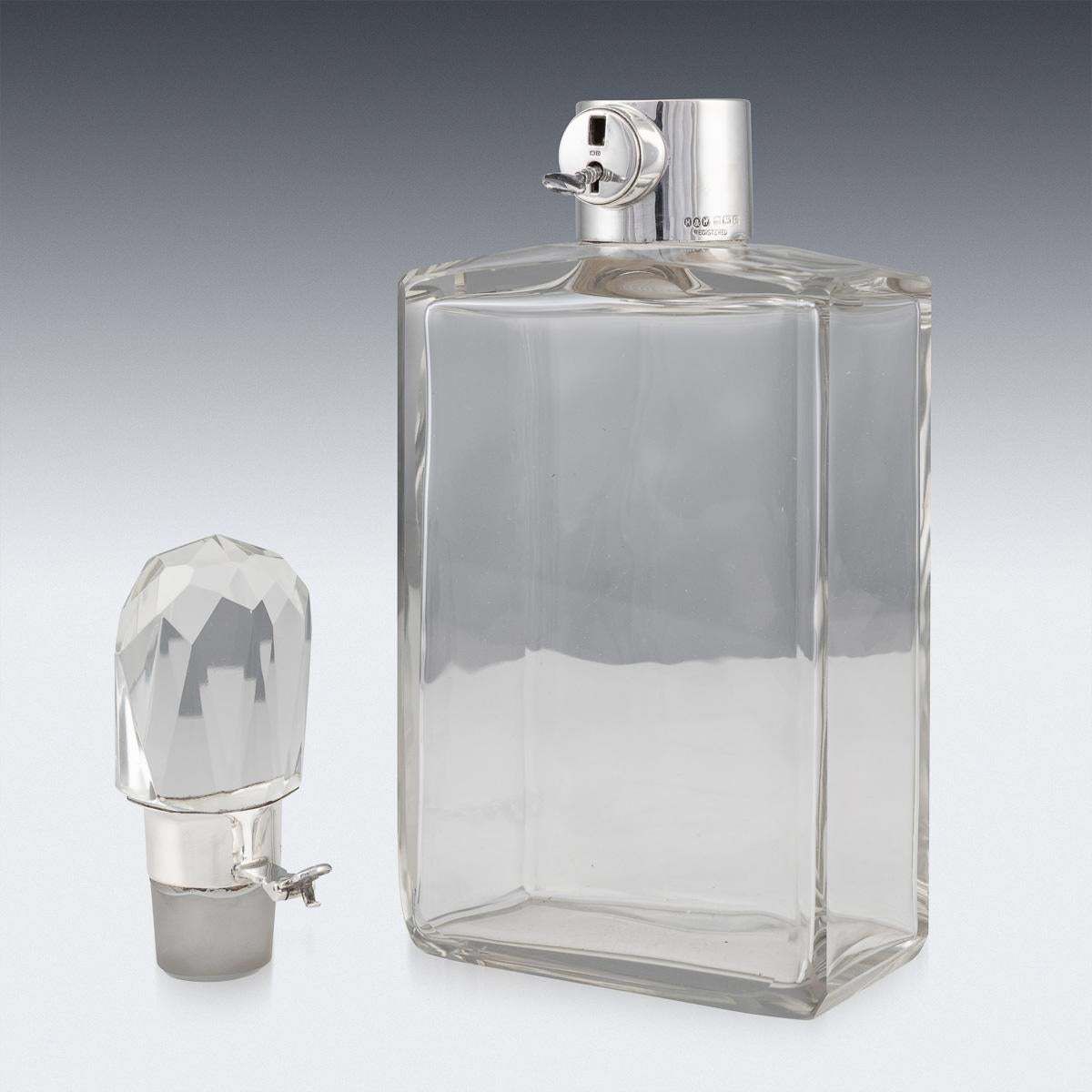 20th Century English Solid Silver & Glass Spirit Decanter With Lock & Key C.1928 photo vinterior