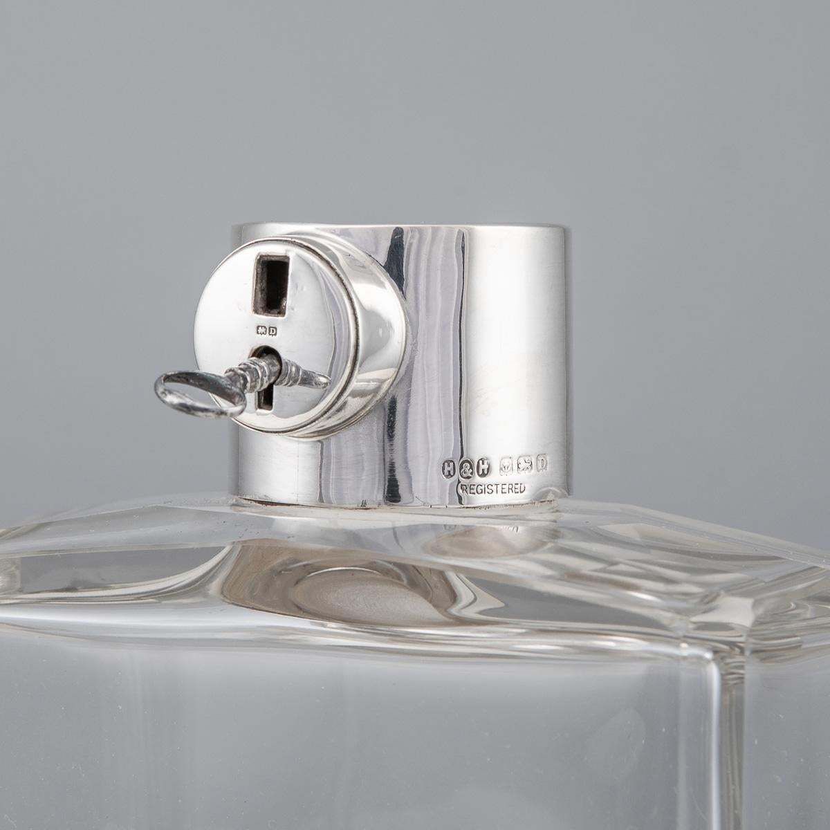 Home Decor 20th Century English Solid Silver & Glass Spirit Decanter With Lock & Key C.1928 photo
