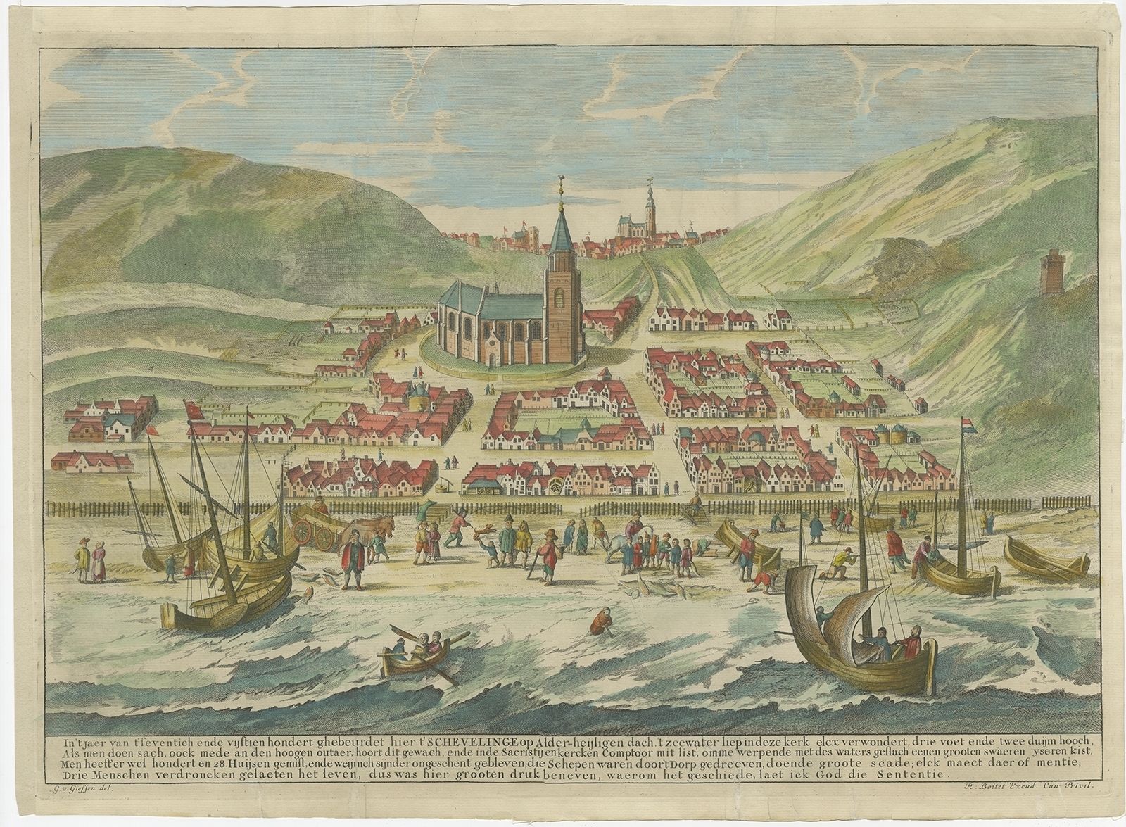 Antique Print Of Scheveningen Before The Flood By Boitet (1720)