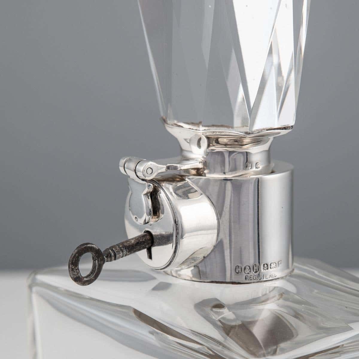 photo for sale 20th Century English Solid Silver & Glass Spirit Decanter With Lock & Key C.1934