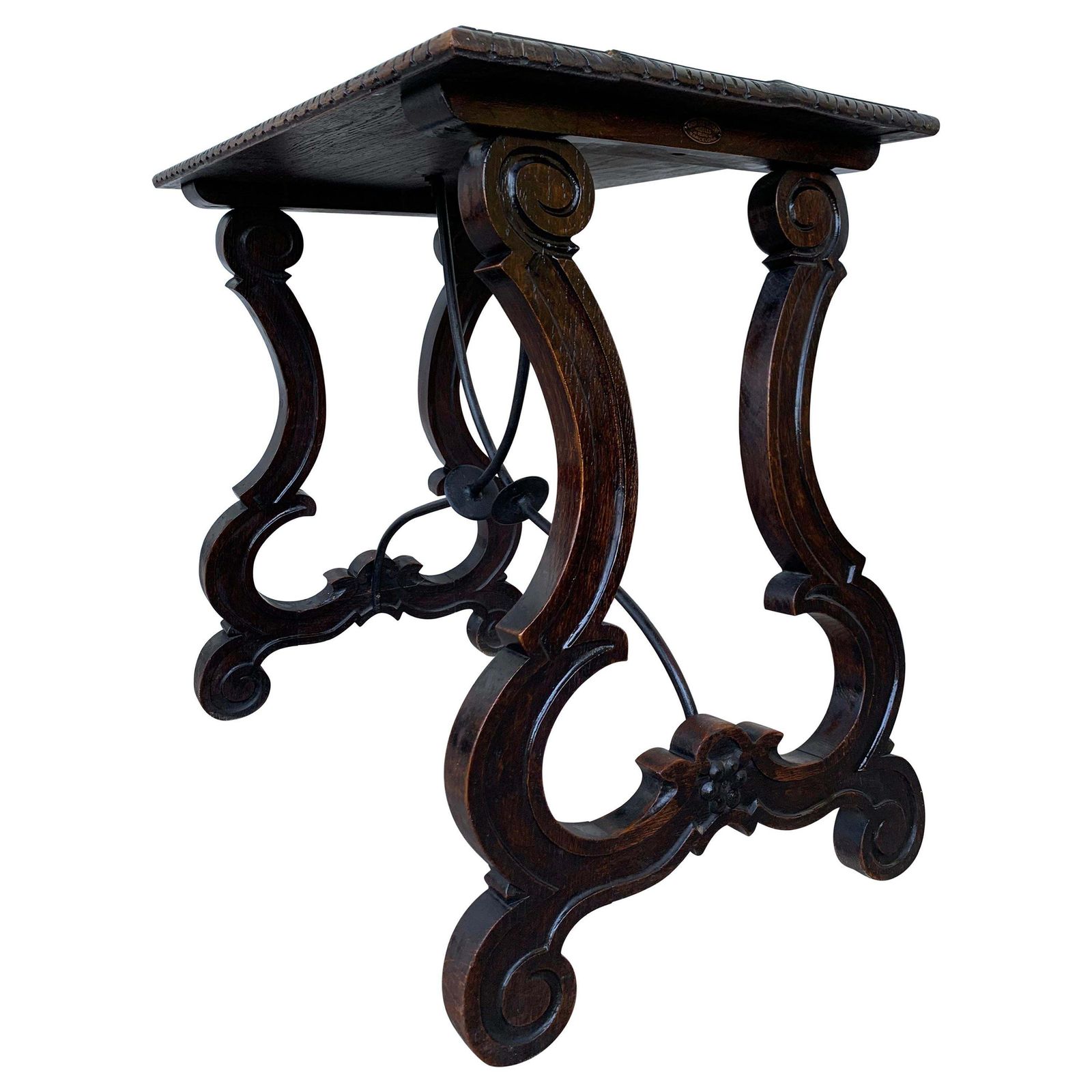 Table d'appoint espagnole XIXe siècle, pieds en lyre sculptés à la main et entretoise en fer