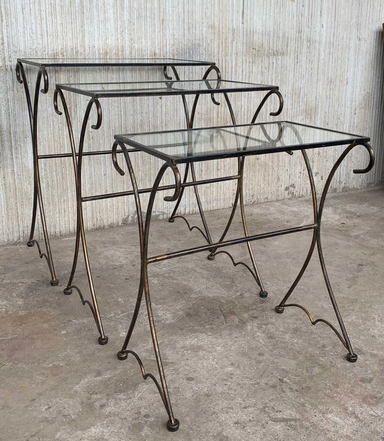 Midcentury Scrolling Iron Patio Nesting Side Tables With Glass Tops, Set Of 3 photo for sale