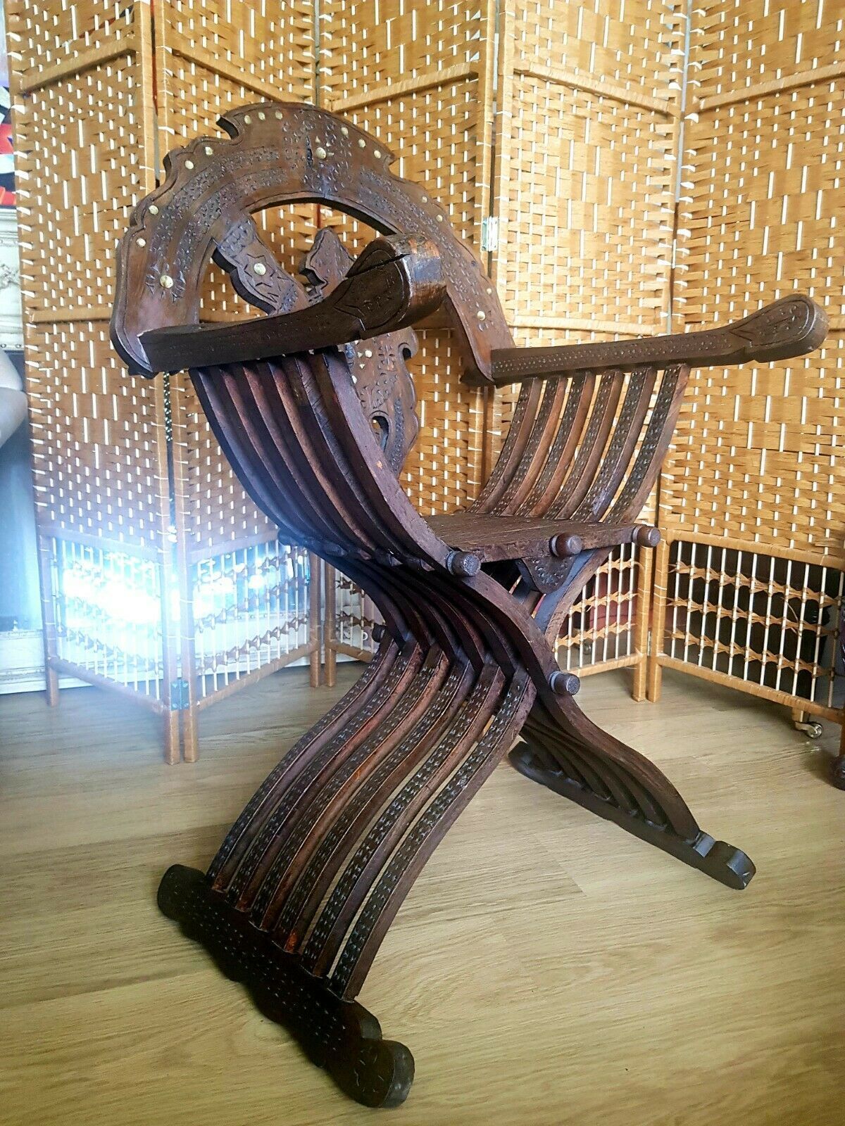 A Very Rare Antique Savanarola Inlaid Carved Italian Armchair 2 Available photo for sale