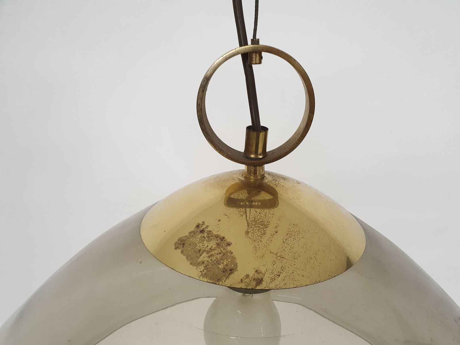 Mid Century Hanglamp Van Gerookt Glas En Messing photo vintage