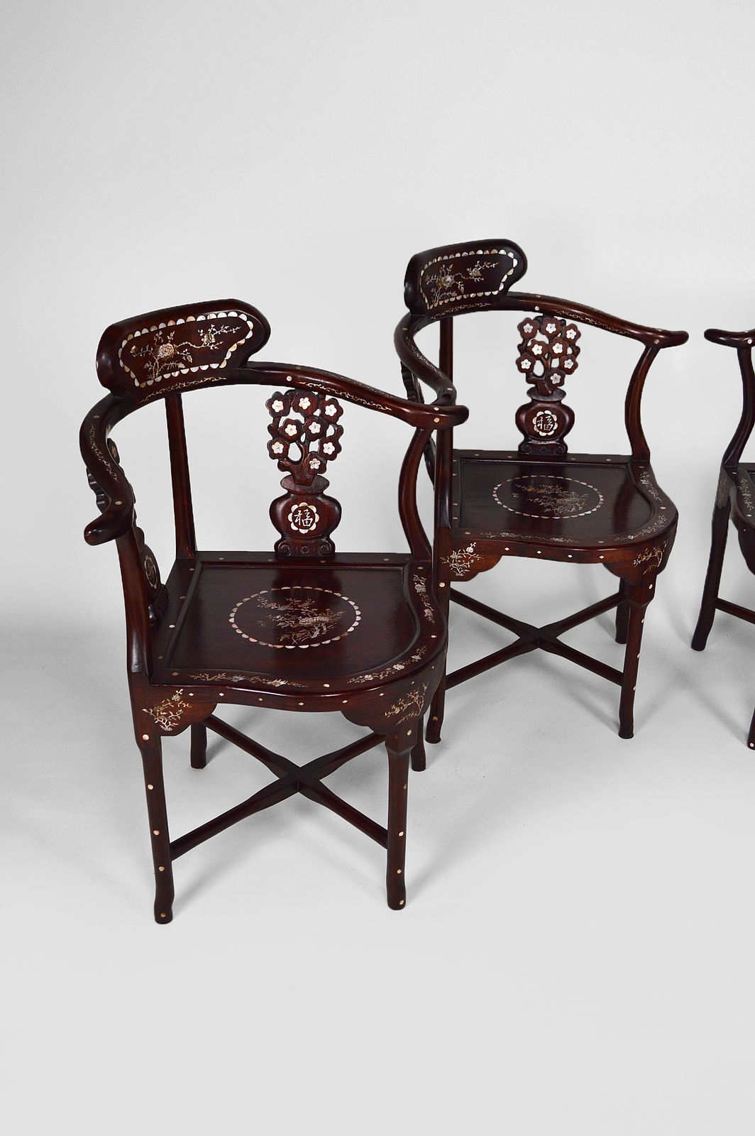 Asian Carved Inlaid Wood Armchairs, Early 20th Century, Set Of 4 photo furniture