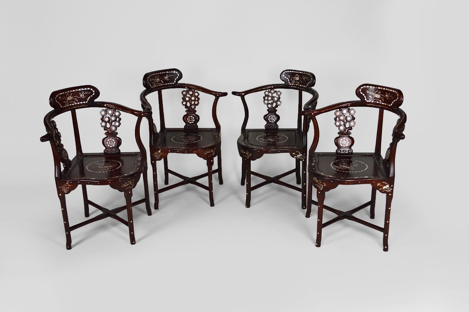 Asian Carved Inlaid Wood Armchairs, Early 20th Century, Set Of 4