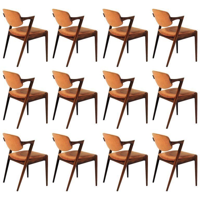 Set Of 12 Fully Restored Kai Kristiansen Model 42 Rosewood Dining Chairs Inc. Custom Upholstery 1960's