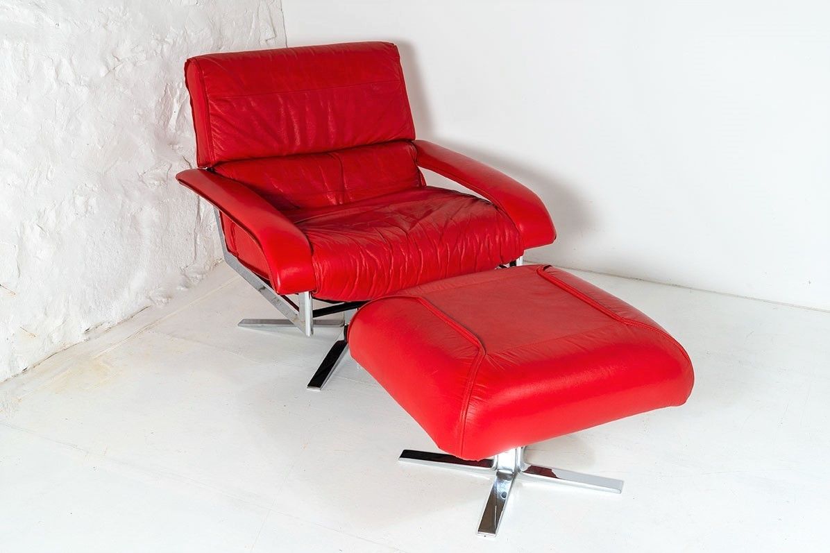 photo furniture Mid Century Pieff Red Leather Tubular Chrome Swivel Chair With Footstool Ottoman