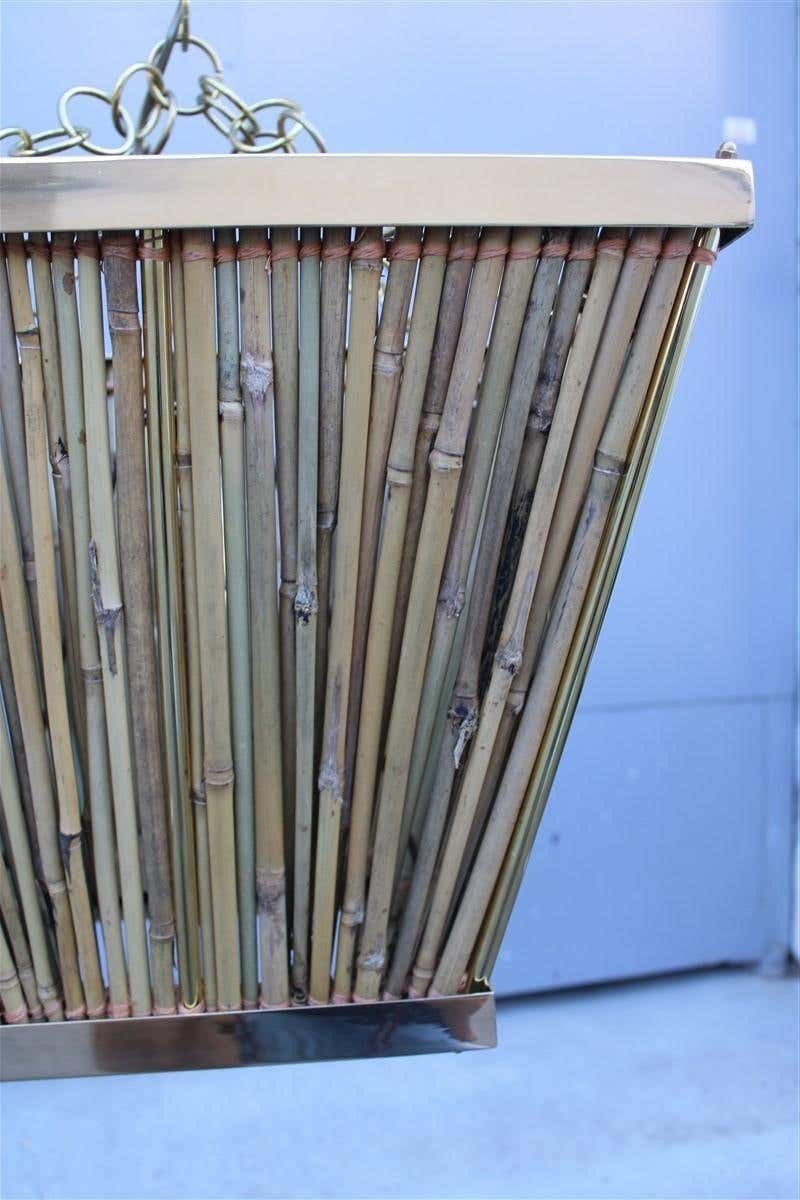 Italian Naturalistic Lantern Chandelier 1970s Bamboo Brass Gold Crespi Style photo for sale