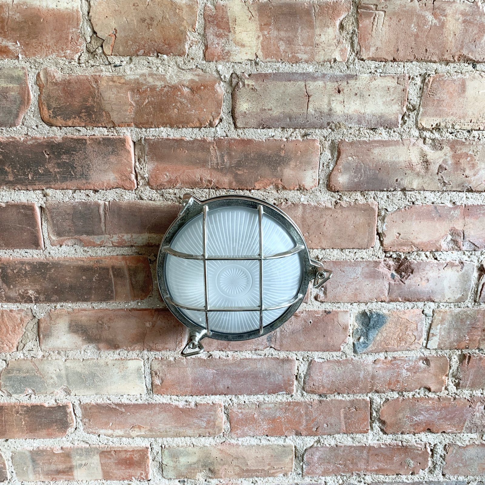 Contemporary Large Nickelled Brass Round Bulk Head Wall Light photo for sale