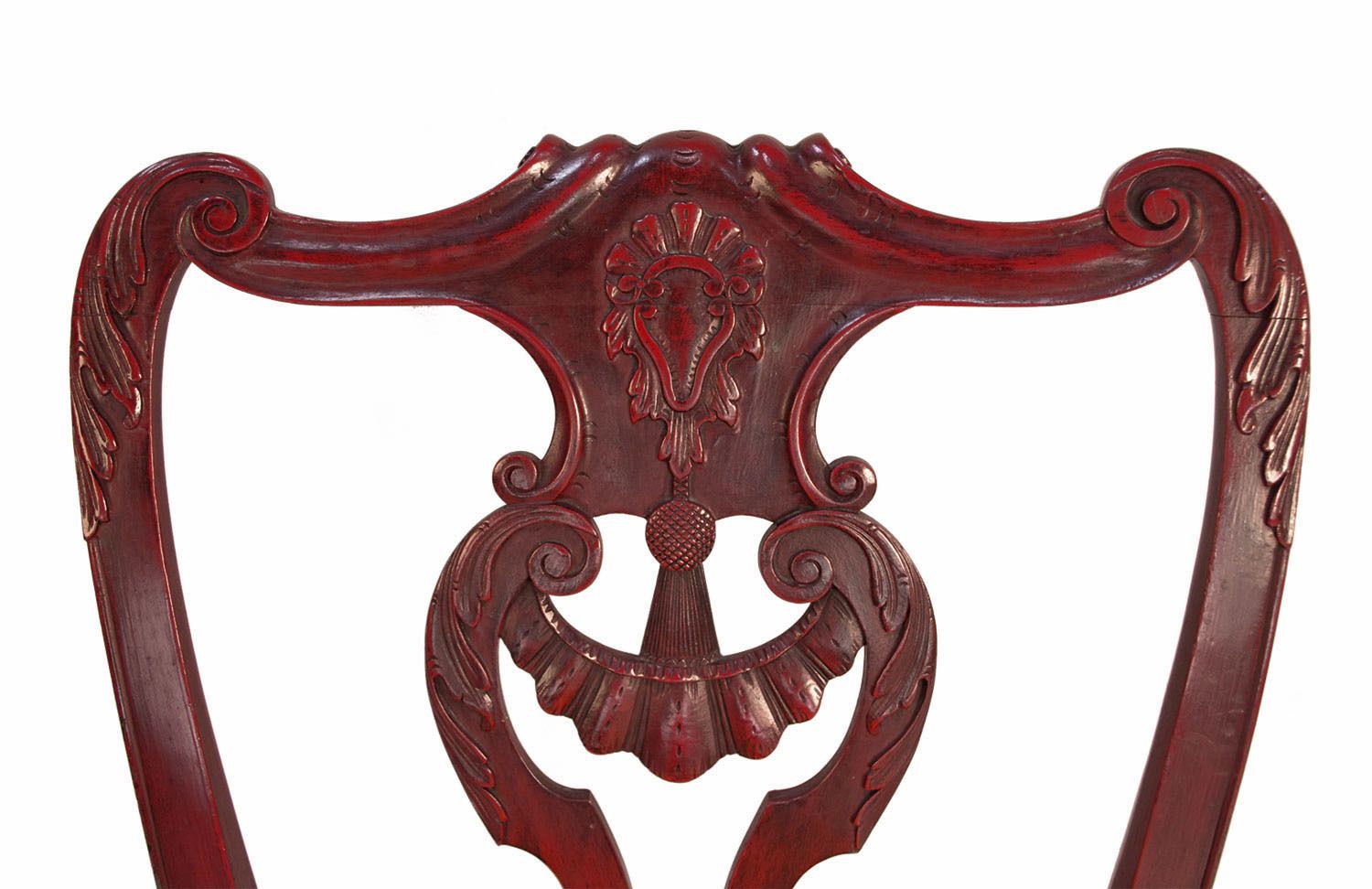 Pair Of Chippendale Style Chairs In Red Lacquered Wood, Circa 1880 photo vinterior