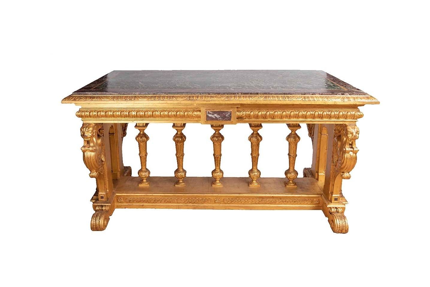 Renaissance Style Table In Gilded Wood And Marble, 19th Century
