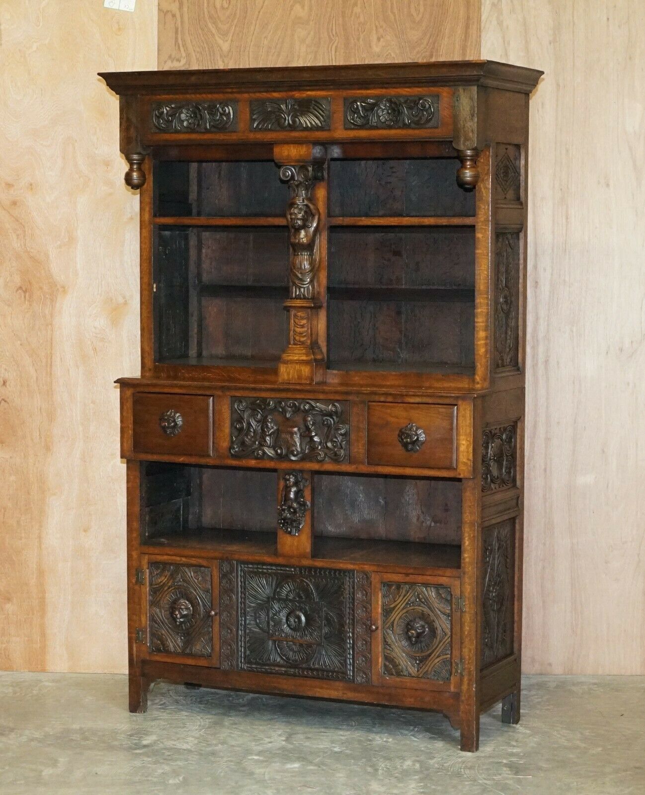 Large Heavily Carved Bookcase Cupboard With Ornate Cherub Putti & Lion Figures photo furniture