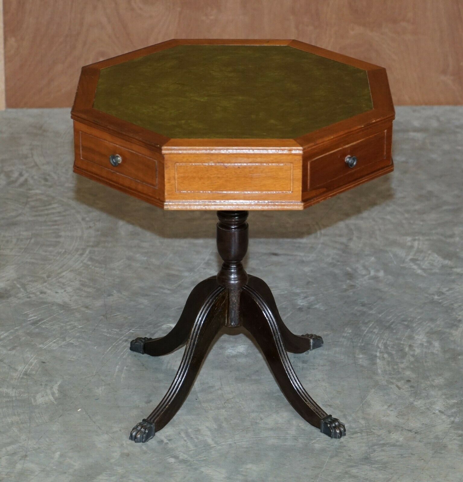Nice Regency Style Mahogany Green Leather Side End Lamp Wine Drum Table Drawers