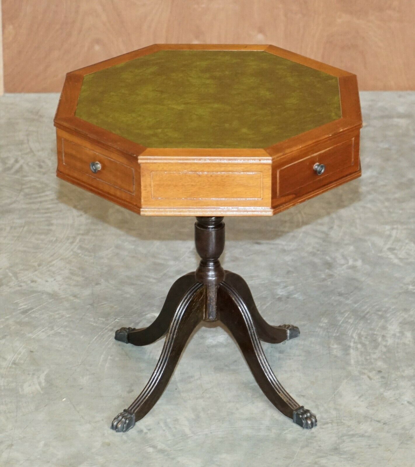 Nice Regency Style Mahogany Green Leather Side End Lamp Wine Drum Table Drawers photo for sale