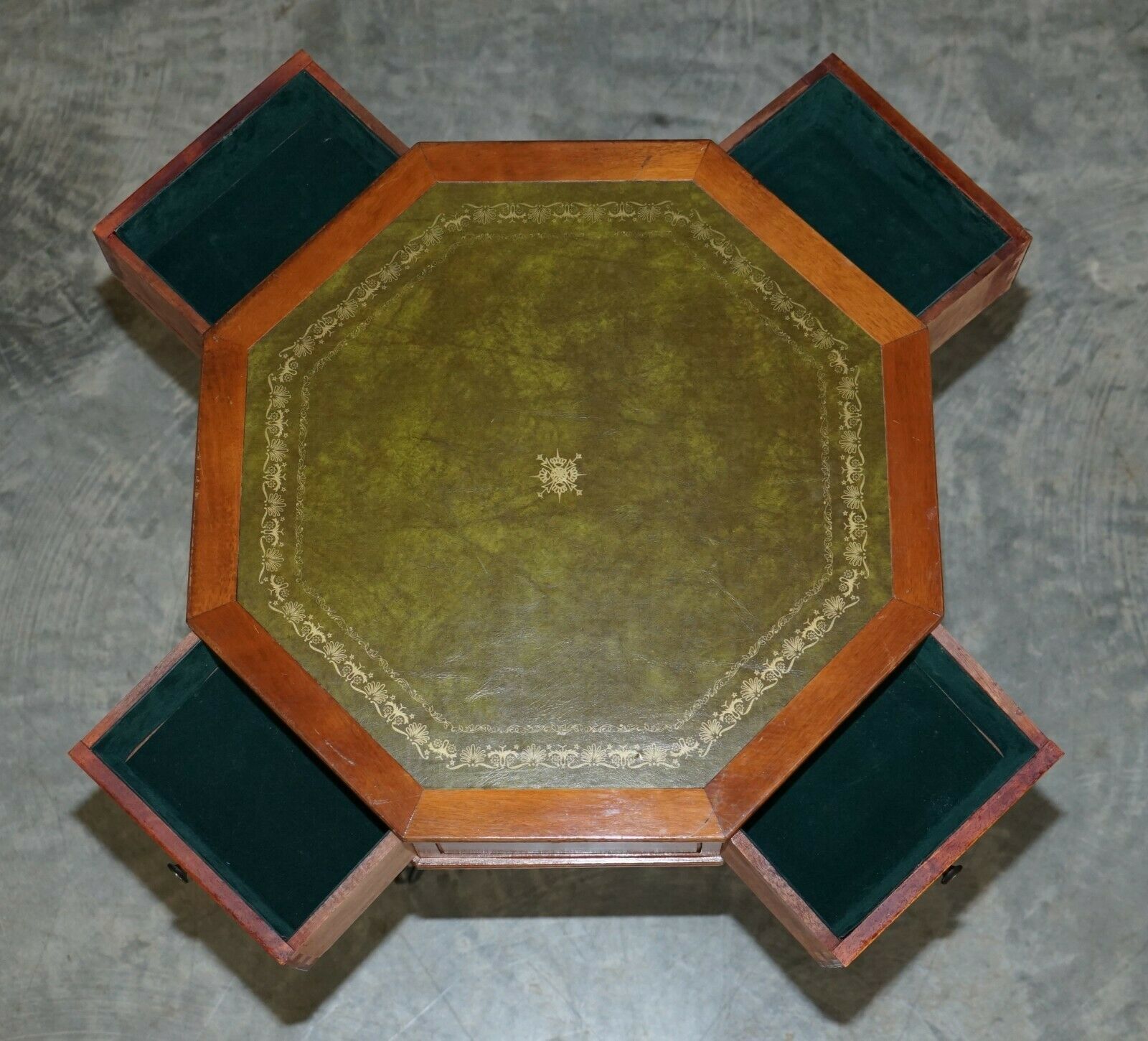 photo for sale Nice Regency Style Mahogany Green Leather Side End Lamp Wine Drum Table Drawers
