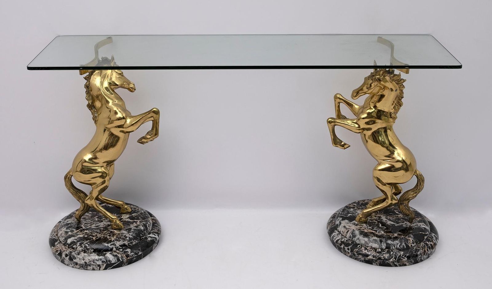 Mid Century Modern Italian Brass Horses And Marble Bases Console Table, 1970s photo furniture