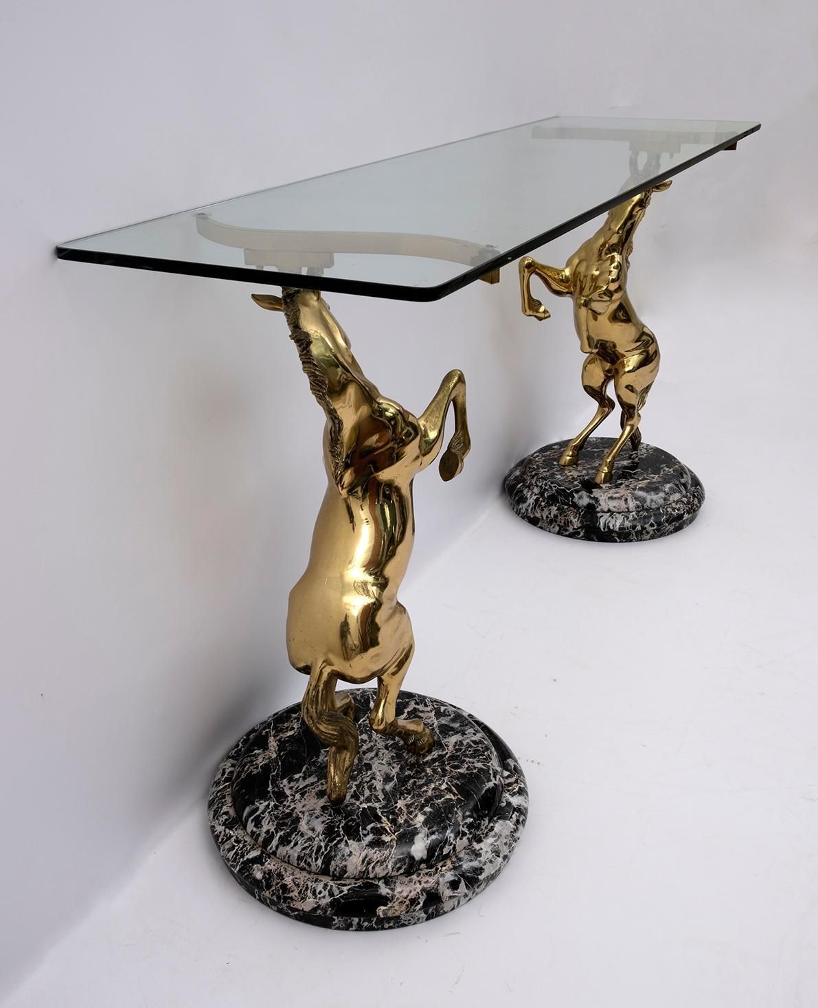 Furniture Mid Century Modern Italian Brass Horses And Marble Bases Console Table, 1970s photo