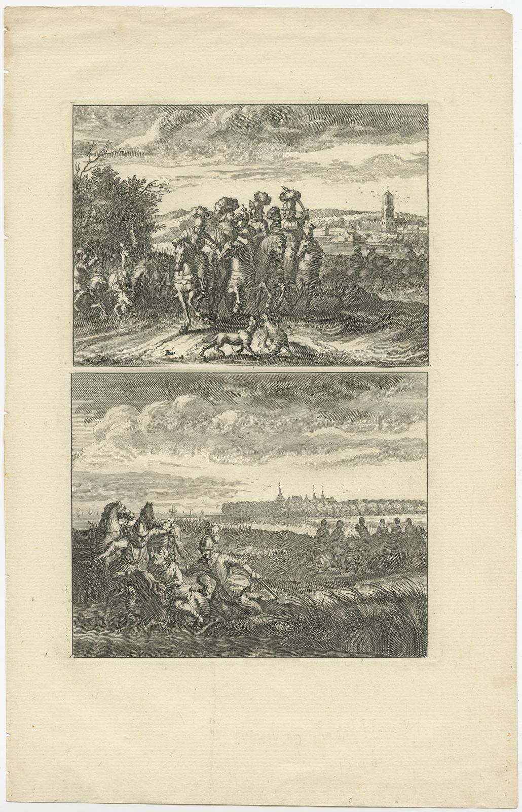 Antique Print Of A Hunting Scene And The Murder Of Count Floris V (C.1690)