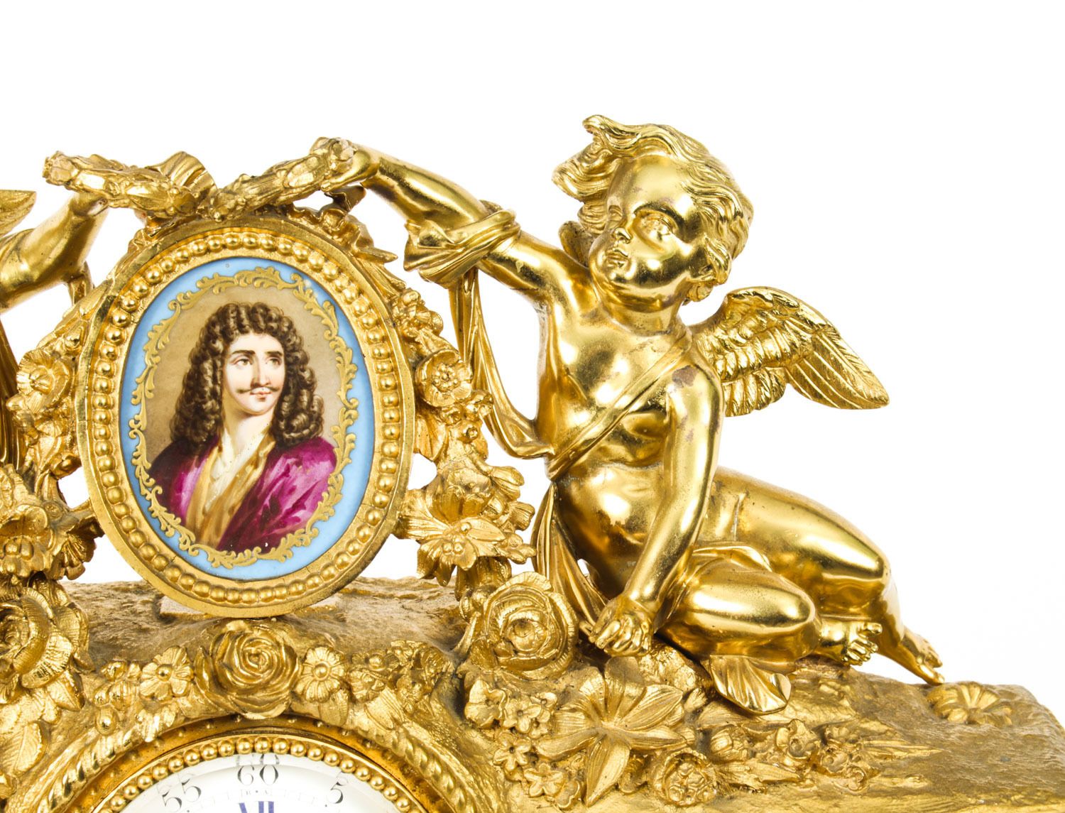 Antique French Gilt Bronze Clock With Portrait Plaque Of Molière C.1860 photo Home Decor
