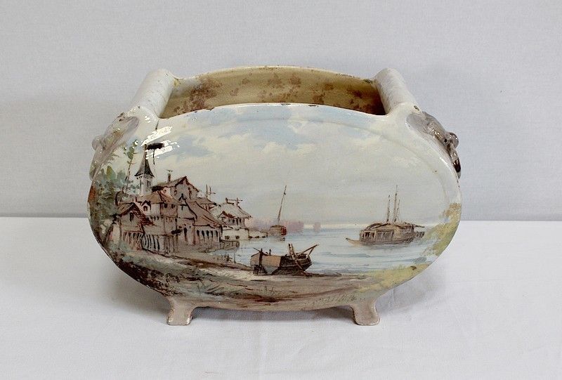 607.7 Painted Ceramic Planter, Signed E Gilles 19th photo