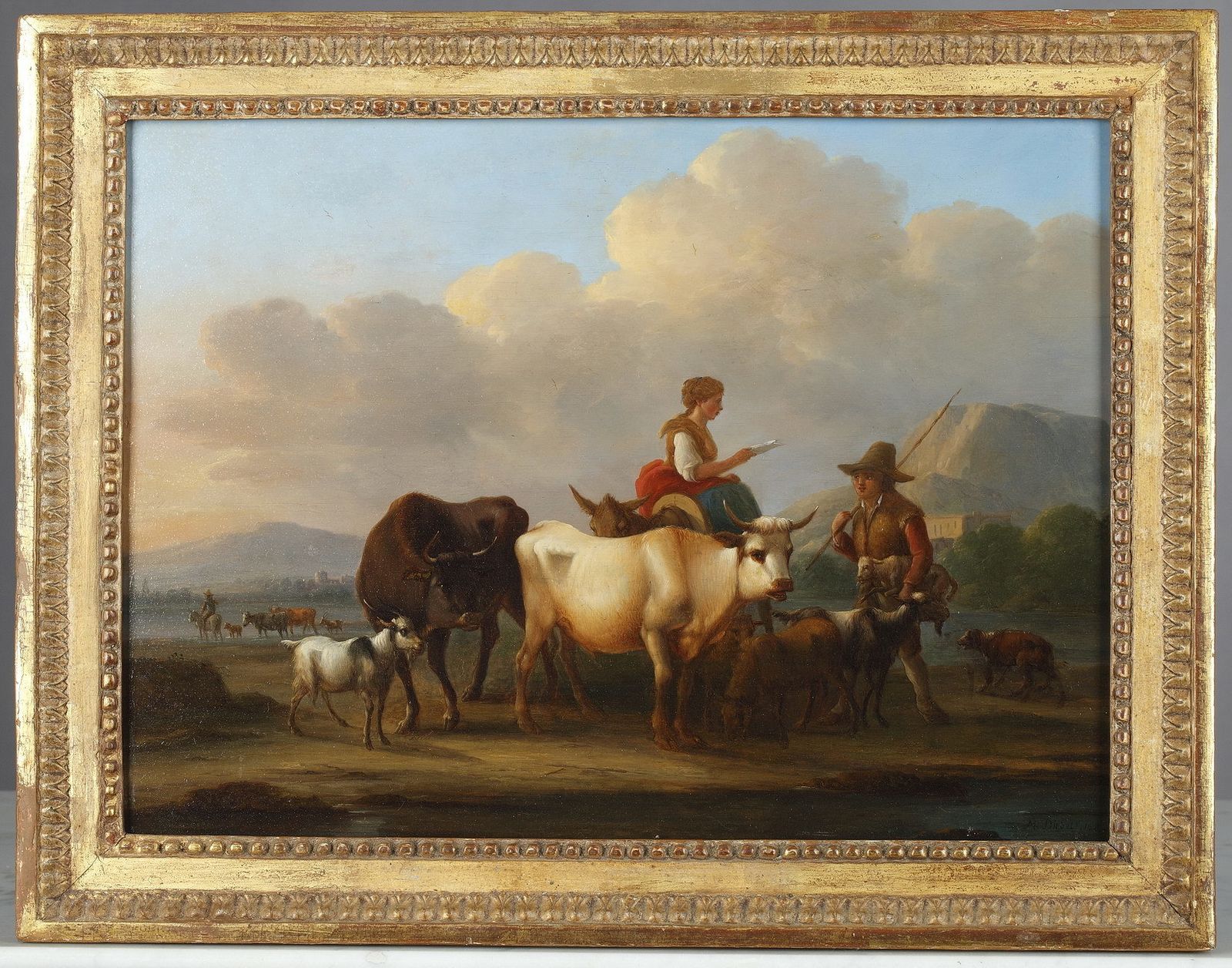 « Landscapes With Cows », paire de peintures à l'huile sur panneau, signées Dieboldt photo furniture