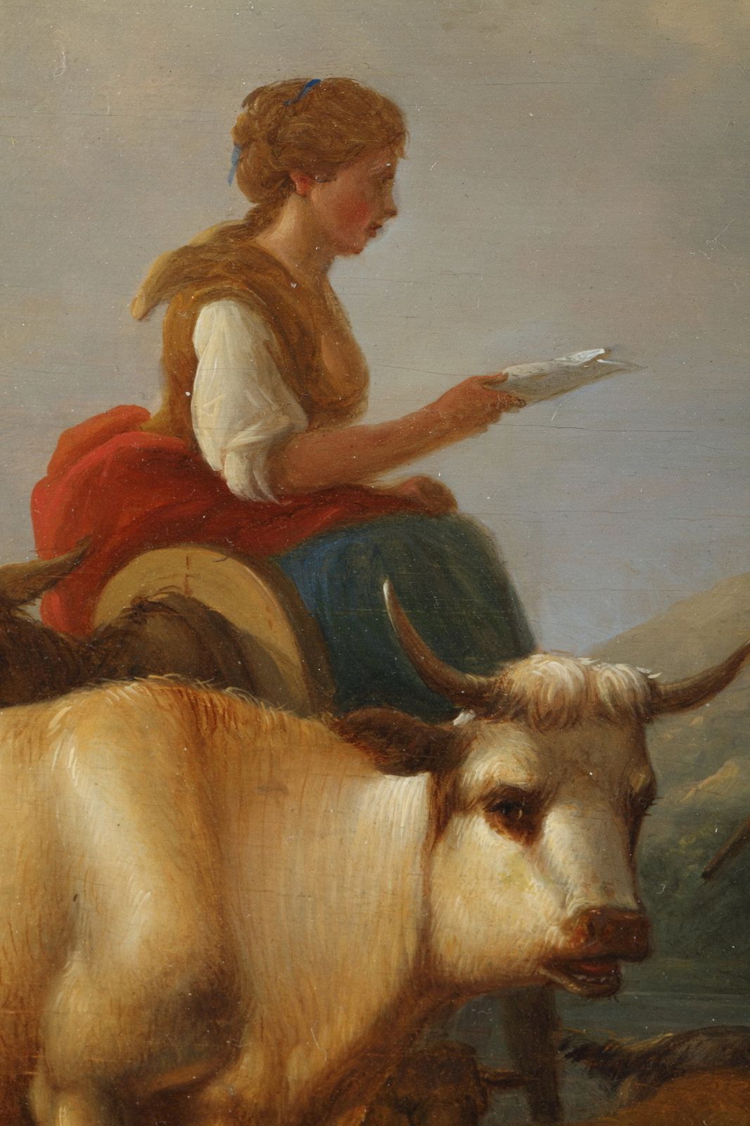 « Landscapes With Cows », paire de peintures à l'huile sur panneau, signées Dieboldt photo vintage