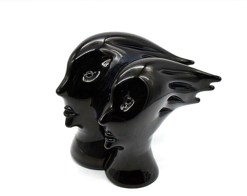 Murano Heads Sculpture In Black Glass By Sergio Rossi, 1970s