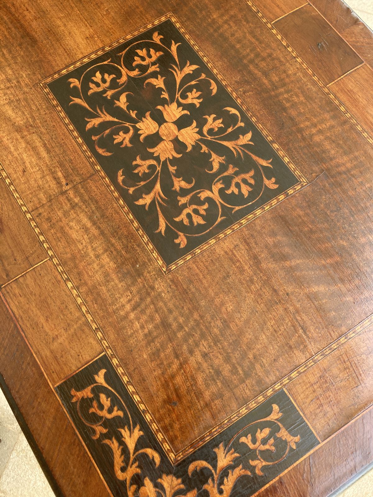 photo for sale Spanish Early 19th Century Baroque Side Table With Lyre Legs And Marquetry Top