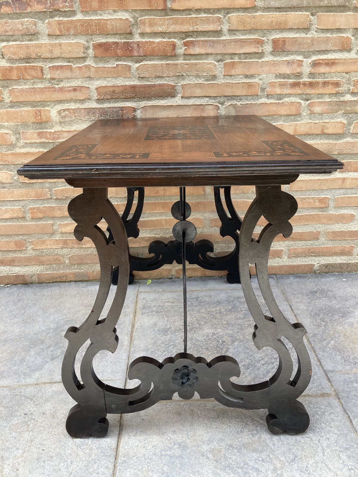 photo buy Spanish Early 19th Century Baroque Side Table With Lyre Legs And Marquetry Top