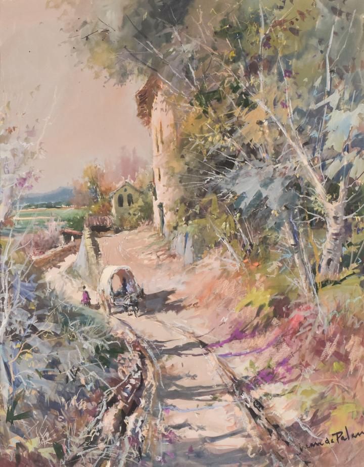 Juan De Palau Buixo – Groot Aquarellandschap Met Kar photo for sale
