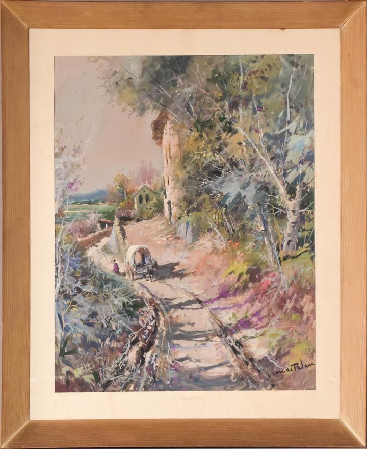 Juan De Palau Buixo – Groot Aquarellandschap Met Kar photo Kunst