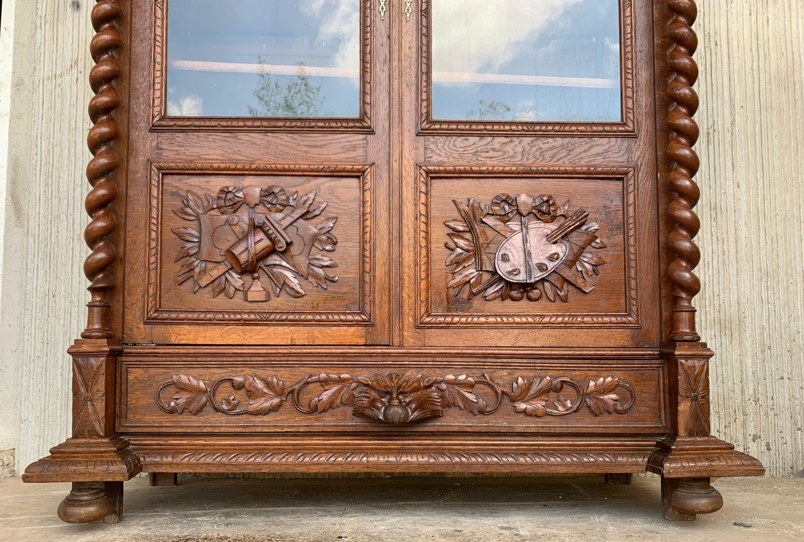 photo for sale Antique French Carved Oak Vitrine Cabinet Bookcase Barley Twist Renaissance