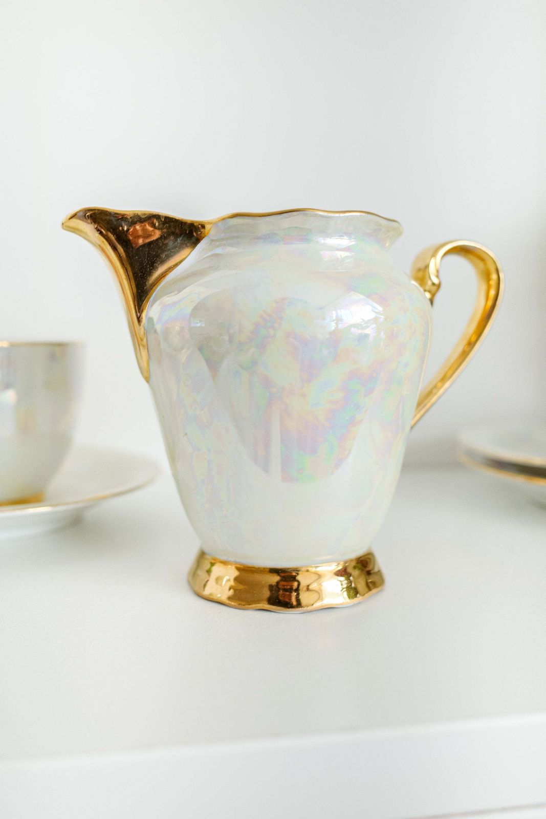 Mid Century Tea Or Coffee Set Pearlescent Lustreware With Gold Rims Set, Made In Czechoslovakia photo for sale