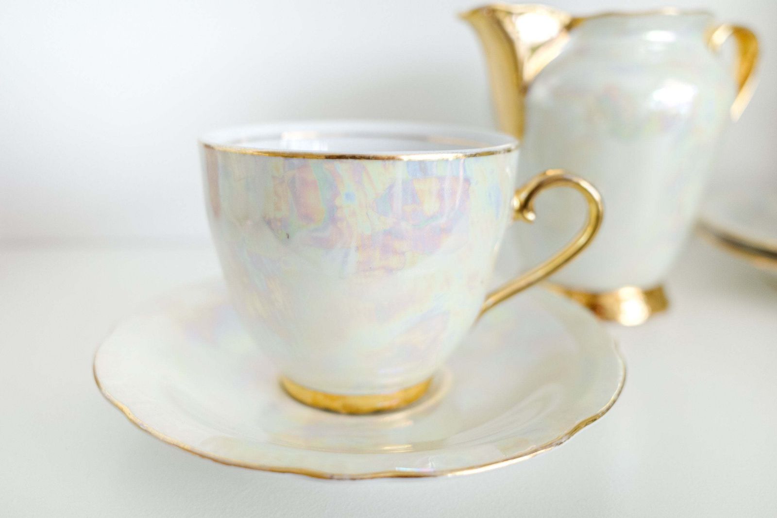 Mid Century Tea Or Coffee Set Pearlescent Lustreware With Gold Rims Set, Made In Czechoslovakia photo Home Decor