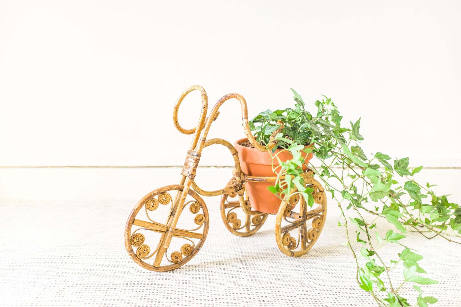Bamboo Tricycle Planter, Wicker Bicycle Plant Pot Holder, Rattan Plant Stand, Mid Century, Cane Tiki Bohemian Boho