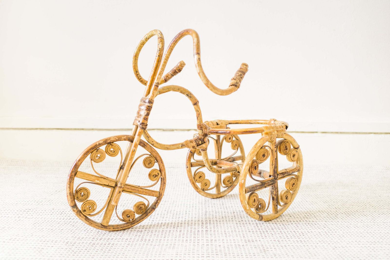 Bamboo Tricycle Planter, Wicker Bicycle Plant Pot Holder, Rattan Plant Stand, Mid Century, Cane Tiki Bohemian Boho photo furniture