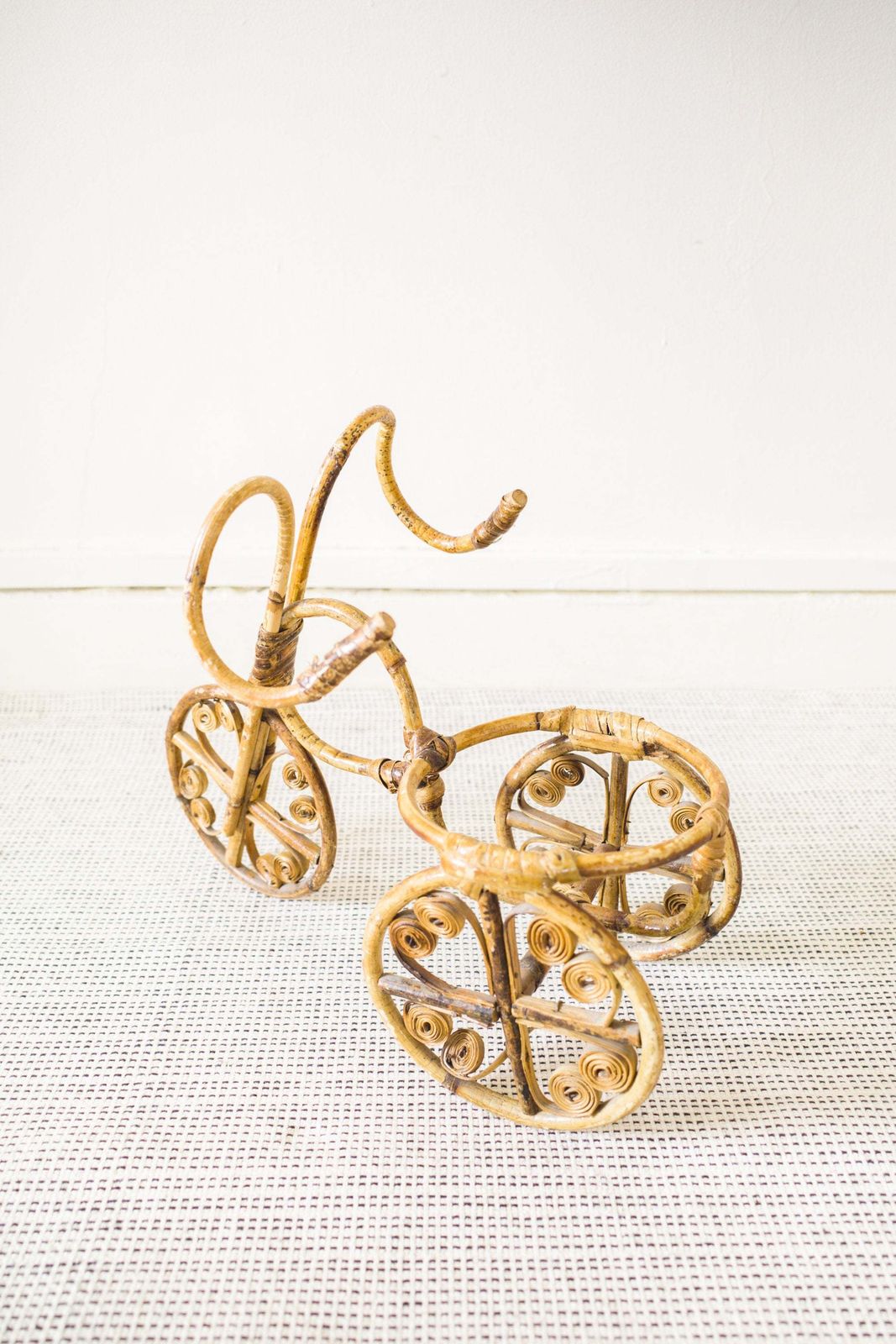 Bamboo Tricycle Planter, Wicker Bicycle Plant Pot Holder, Rattan Plant Stand, Mid Century, Cane Tiki Bohemian Boho photo for sale