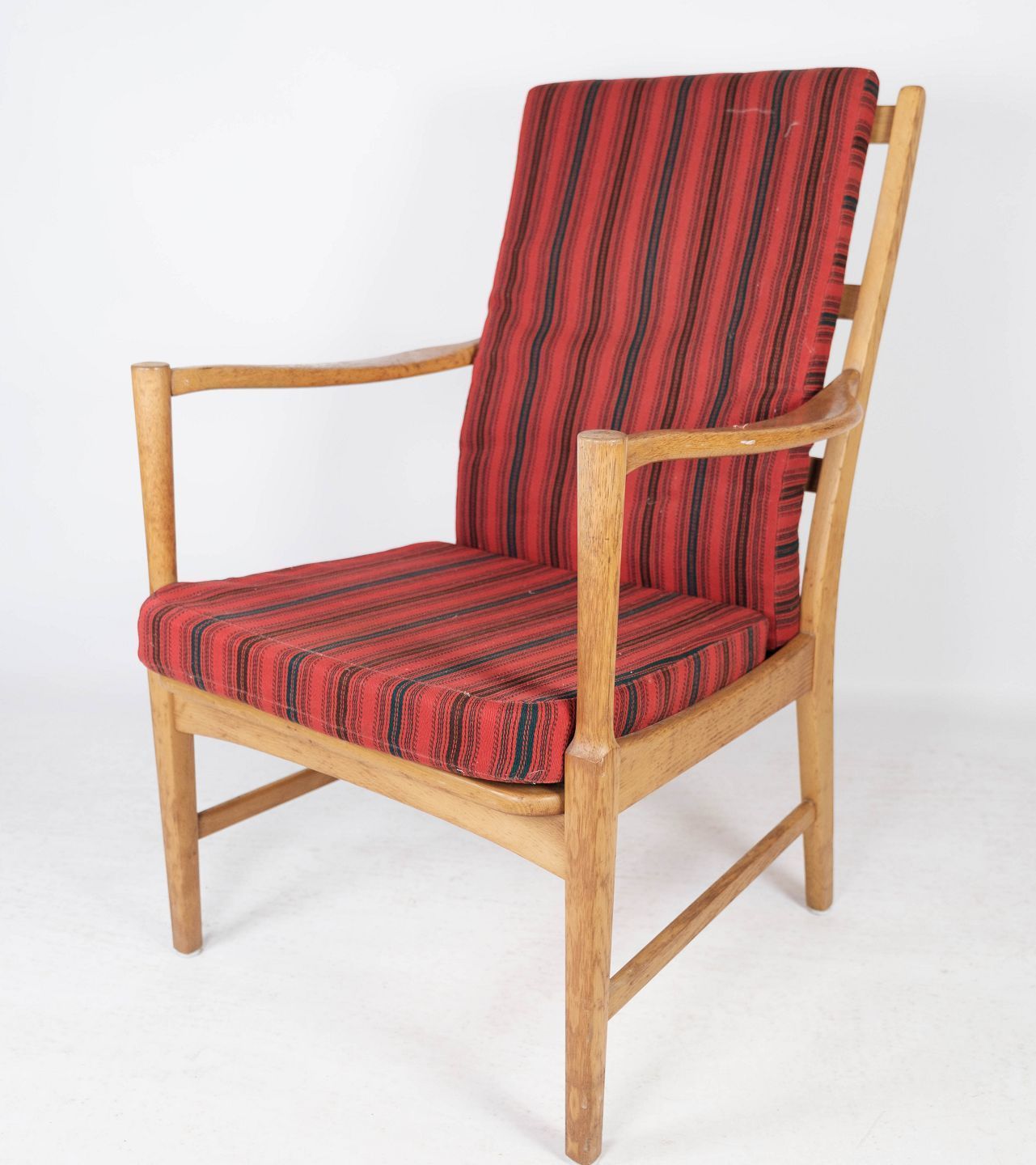 Armchair In Oak With Cushions Upholstered In Red Striped Fabric, Swedish By Bjärnums Möbelfabrik 1960s.